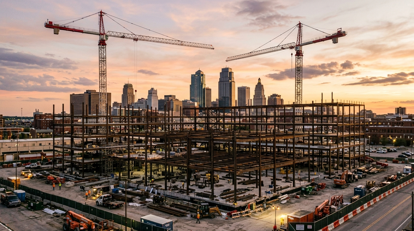 Construction workers on a Kansas City building frame at sunrise with lumber and materials staged on-site
