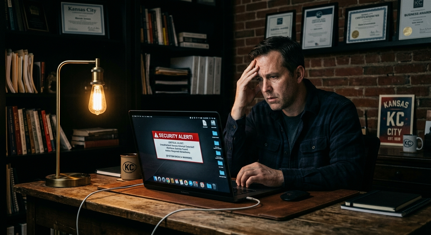 Small business owner at a desk reviewing a laptop screen showing a security alert notification in a Kansas City office