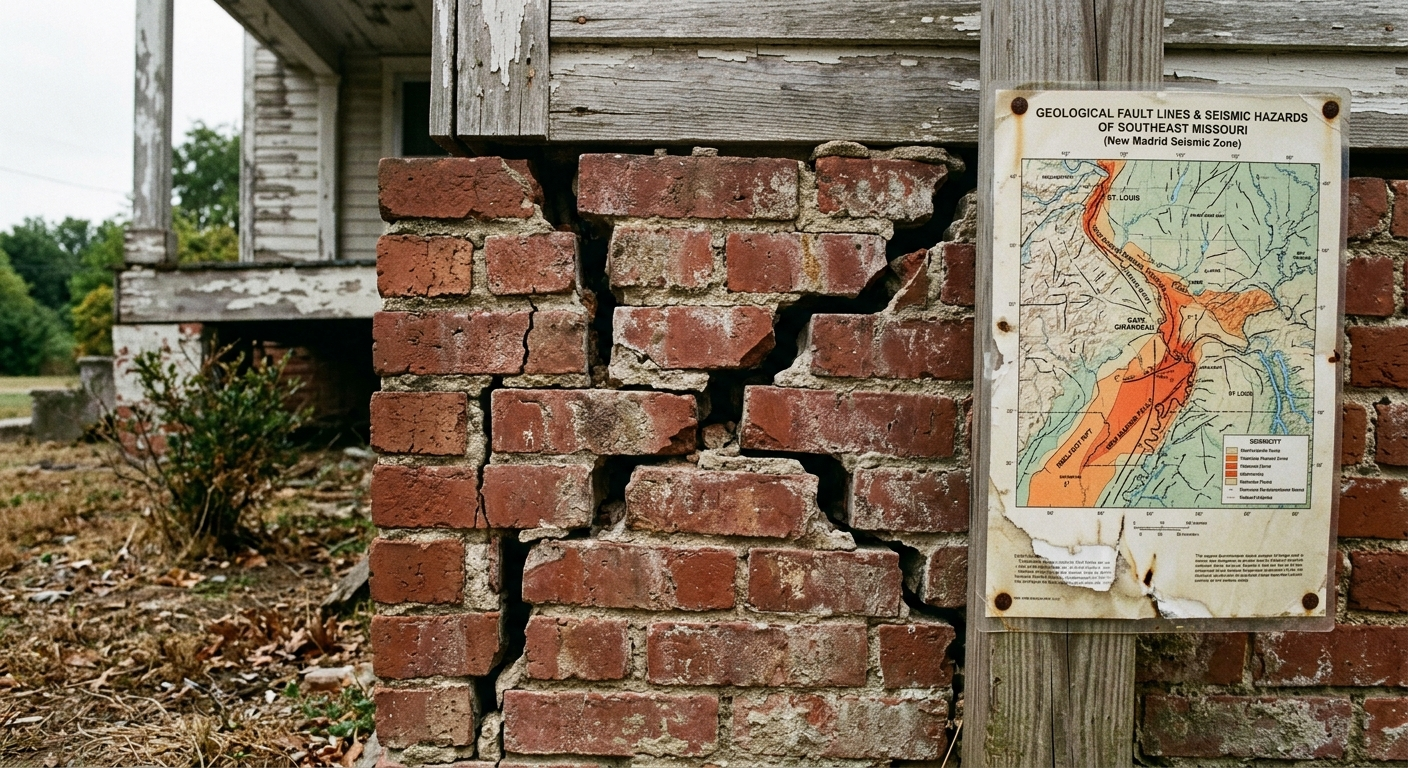 Cracked brick wall and foundation damage on a Missouri home after a seismic event near the New Madrid fault zone