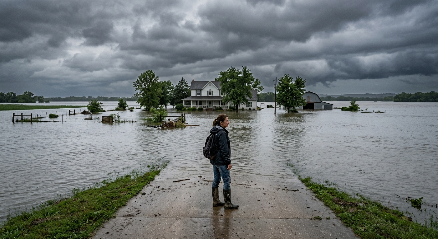 Floodwater surrounding a residential home on a Missouri street after heavy rainfall