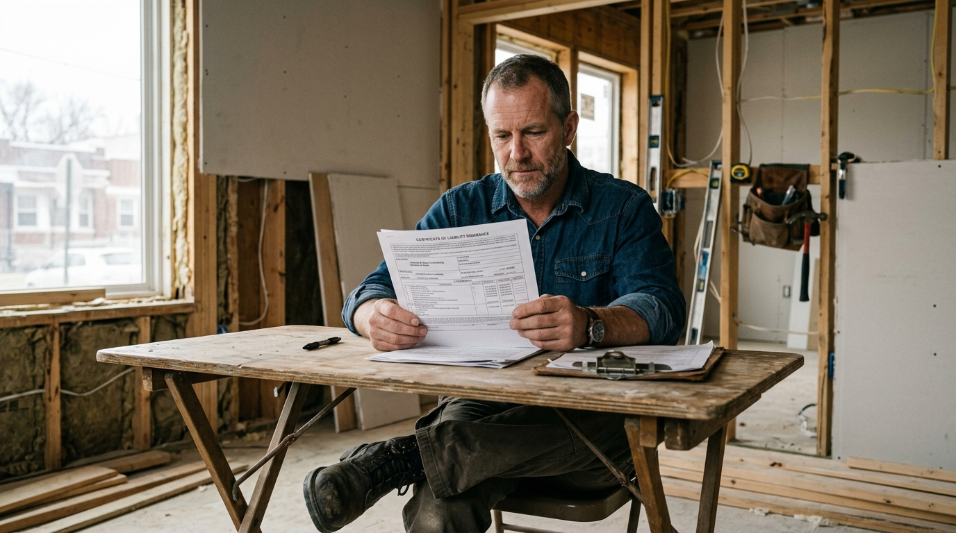 Contractor in a hard hat reviewing documents on a Kansas City residential job site with framed walls in the background
