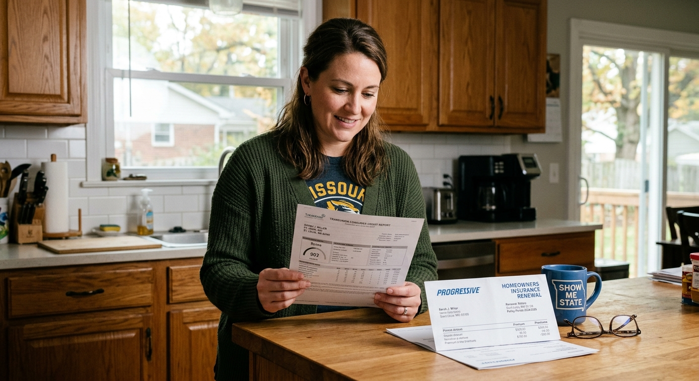 Person reviewing a credit report at a desk with insurance documents and a calculator nearby