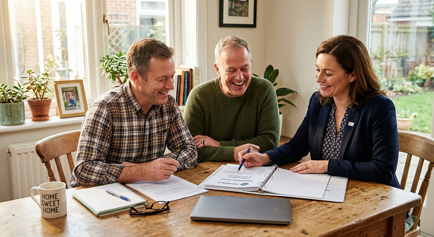 A Missouri homeowner sitting across a desk from an insurance agent reviewing a home insurance policy document in a local