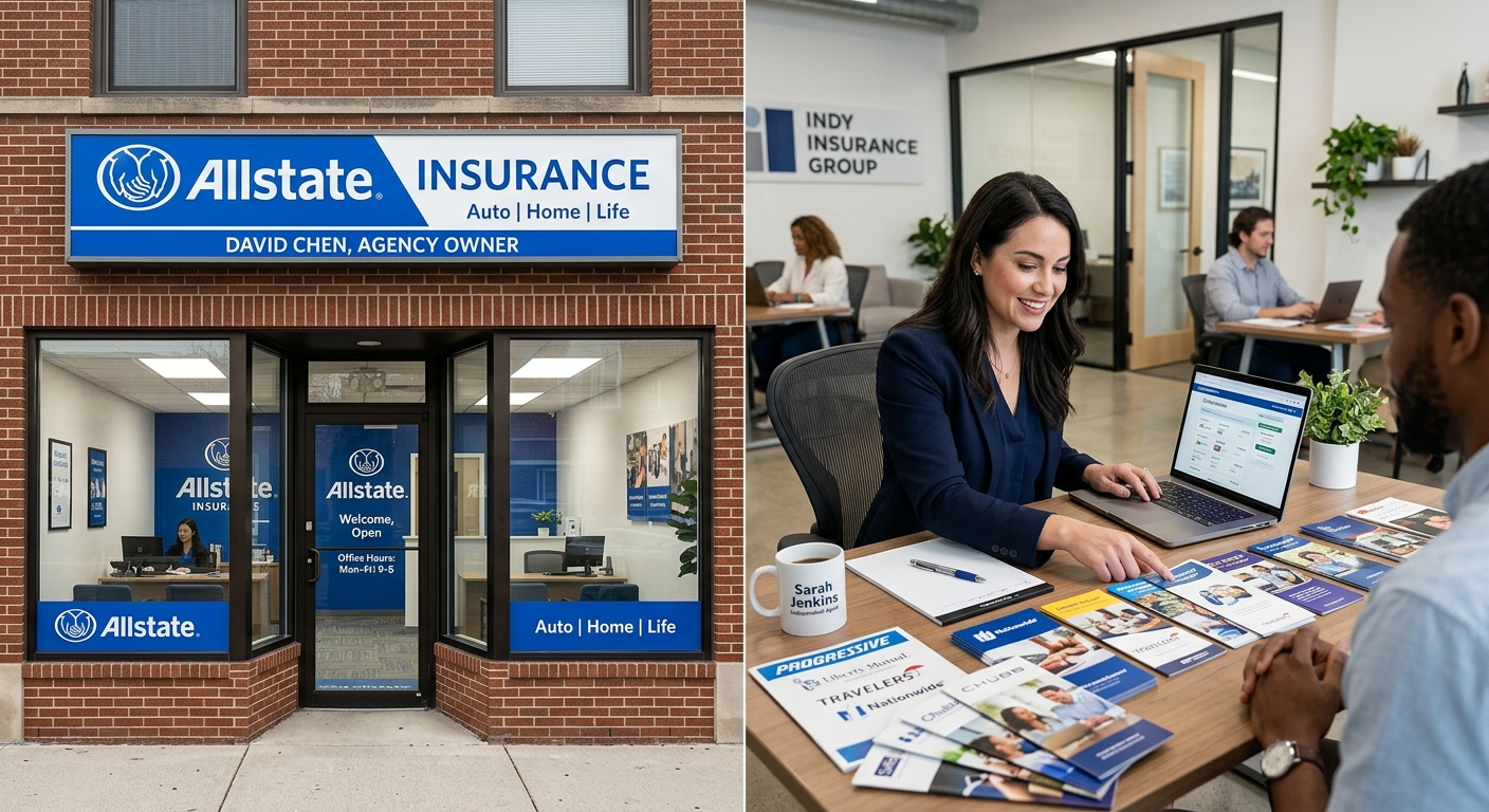 Two insurance agents at separate desks, one with a single company logo, one with multiple carrier folders spread out
