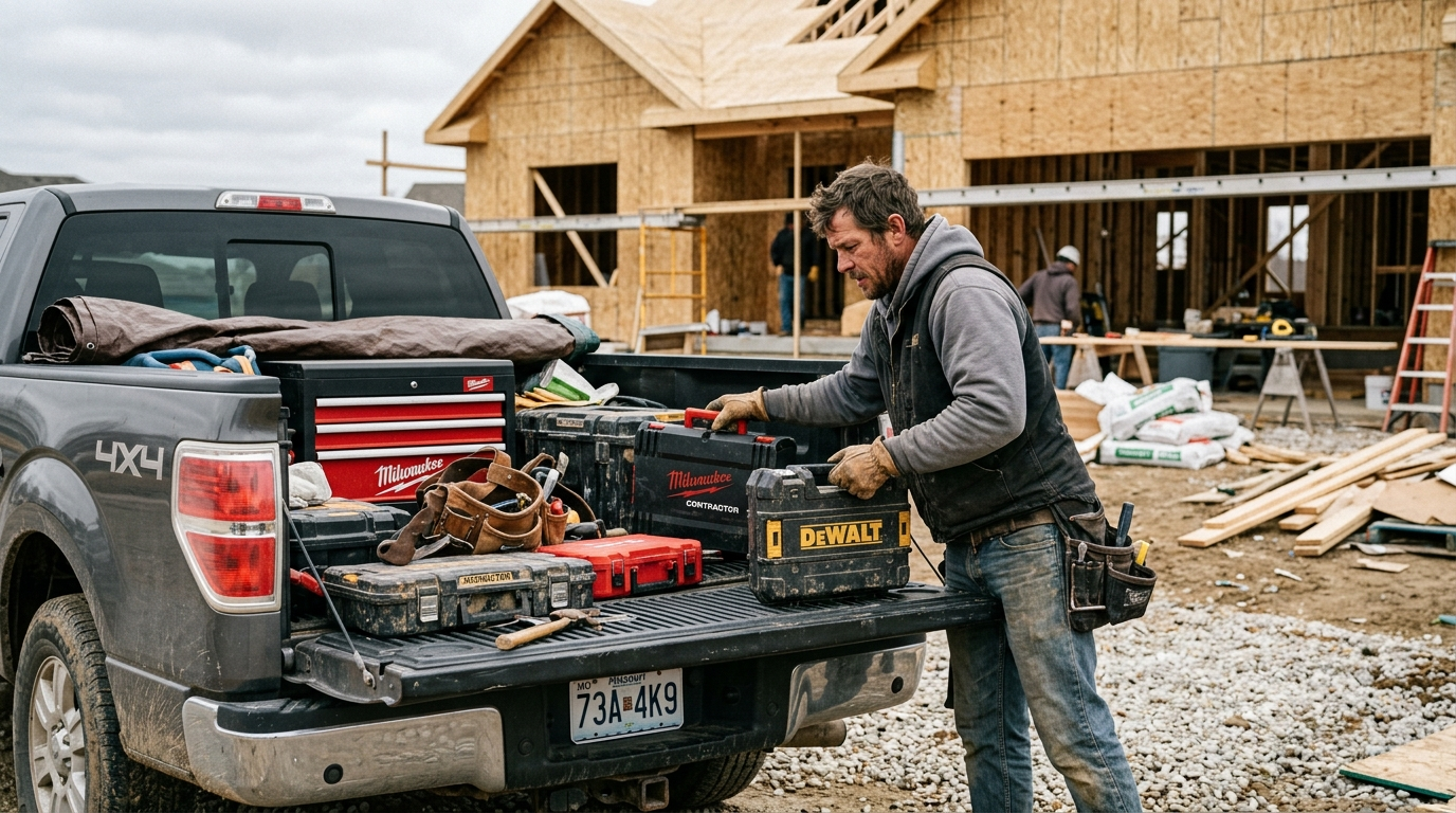 Missouri contractor loading power tools and equipment into a job-site trailer at a construction site on a clear day