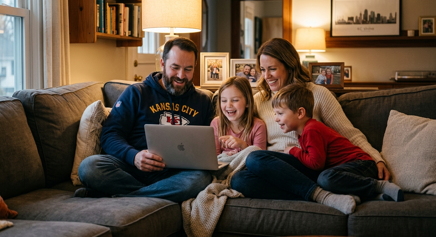 A Kansas City family of four sitting together at a kitchen table reviewing insurance documents on a laptop