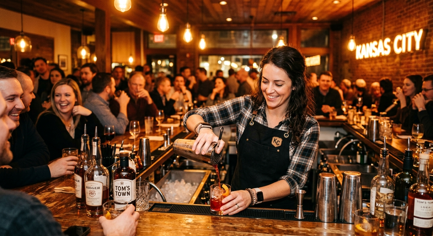 Bartender pouring a drink at a dimly lit Kansas City bar with bottles on a backlit shelf behind the counter