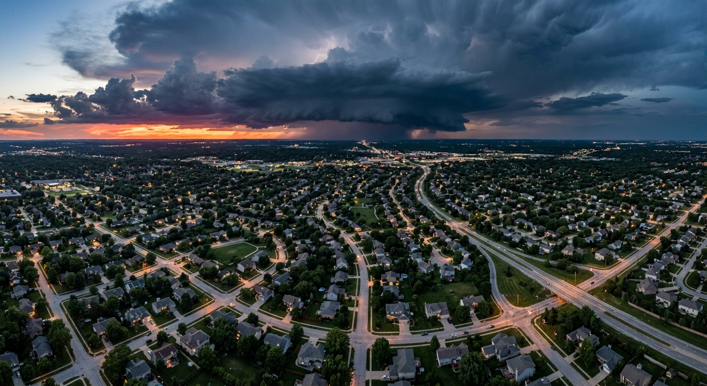 Storm-damaged suburban Missouri home with a partially torn roof and hail-covered yard under a dark sky