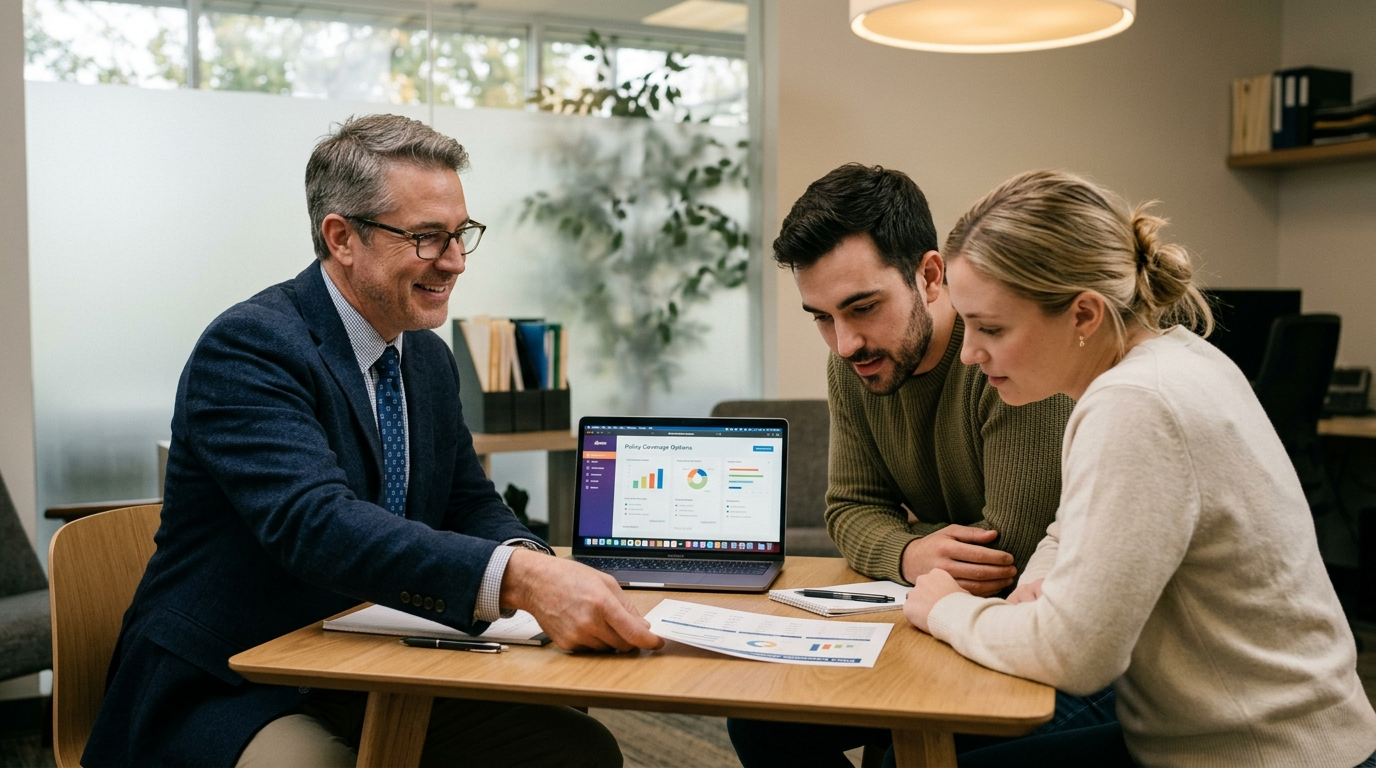 Independent insurance agent sitting across a desk from a Kansas City couple, reviewing home and auto policy documents side