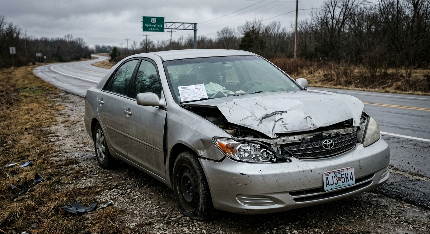 Missouri driver reviewing auto insurance documents next to a car parked on a Kansas City street on a cloudy day