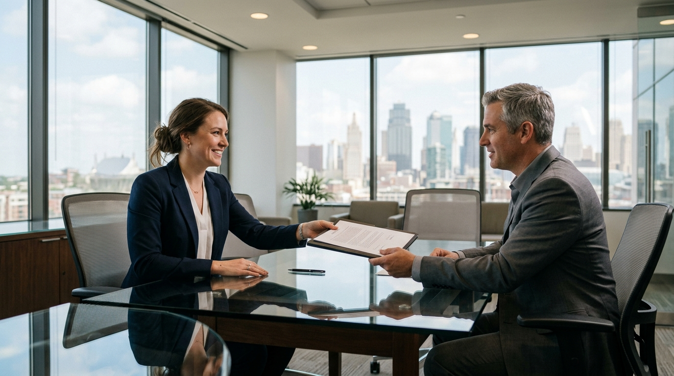 Small business owner reviewing professional liability insurance documents at a desk in a Kansas City office