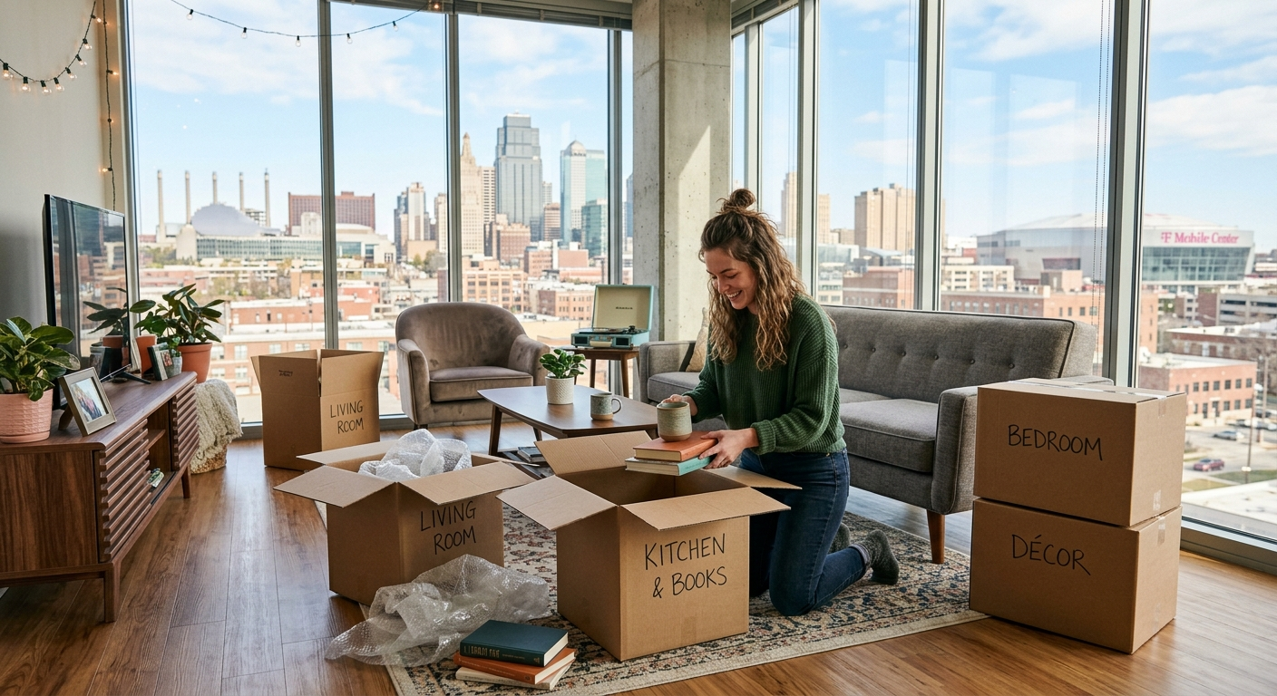 Young Kansas City renter sitting on a couch in a furnished apartment reviewing insurance documents on a laptop