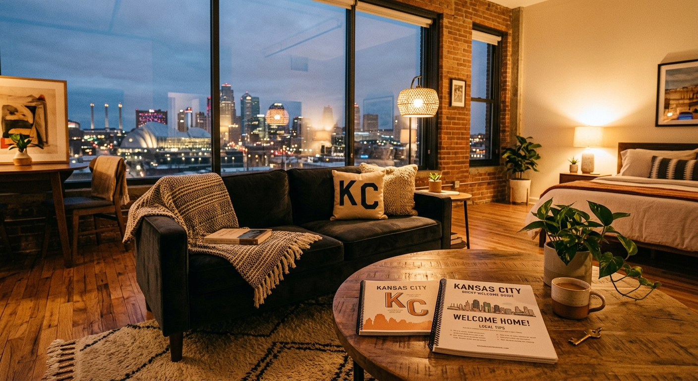 A well-furnished Kansas City home living room staged for short-term rental guests with modern decor and natural light