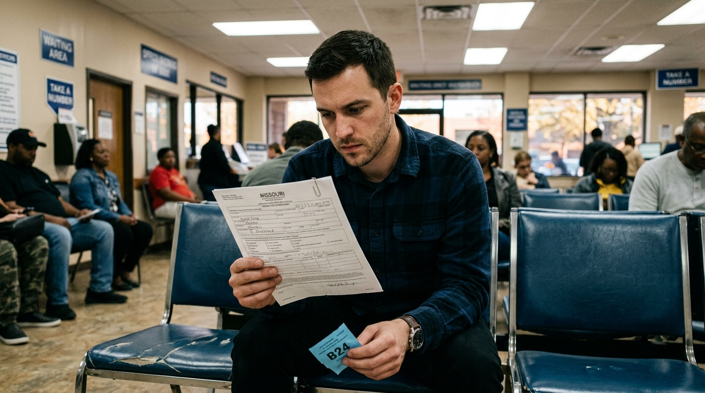 Missouri driver reviewing SR-22 insurance paperwork at a desk with a license and car keys nearby
