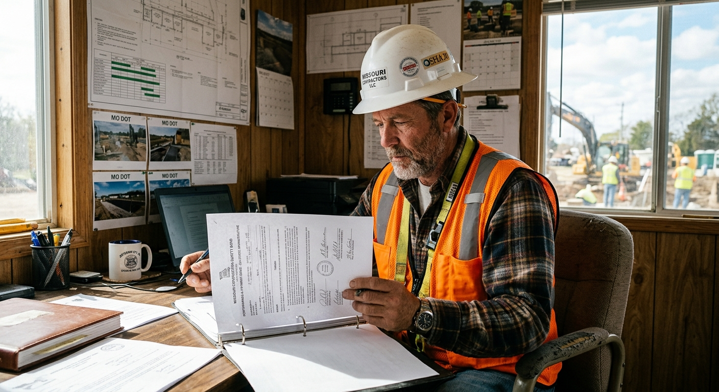 Missouri contractor in a hard hat reviewing construction blueprints at a job site with building framing in the background