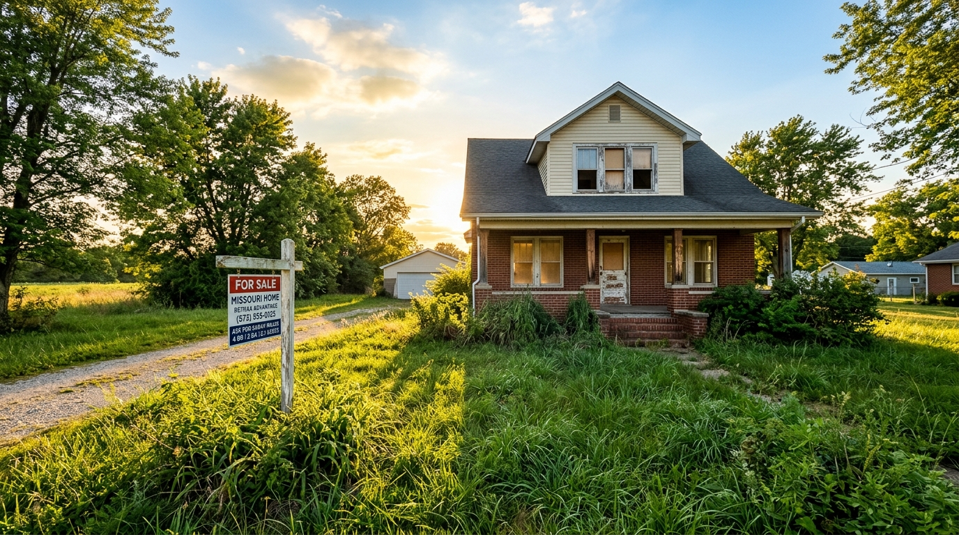 Empty two-story brick house with overgrown lawn and boarded windows on a quiet Missouri street in autumn