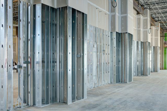 Two workers lift drywall, another on the loft. Inside a building under construction; concrete floor, wood framing.