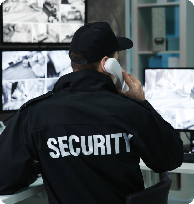 A security guard is sitting at a desk talking on a cell phone.