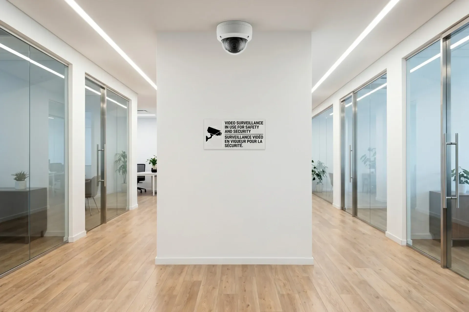 Visible surveillance camera and notice sign in a modern office hallway