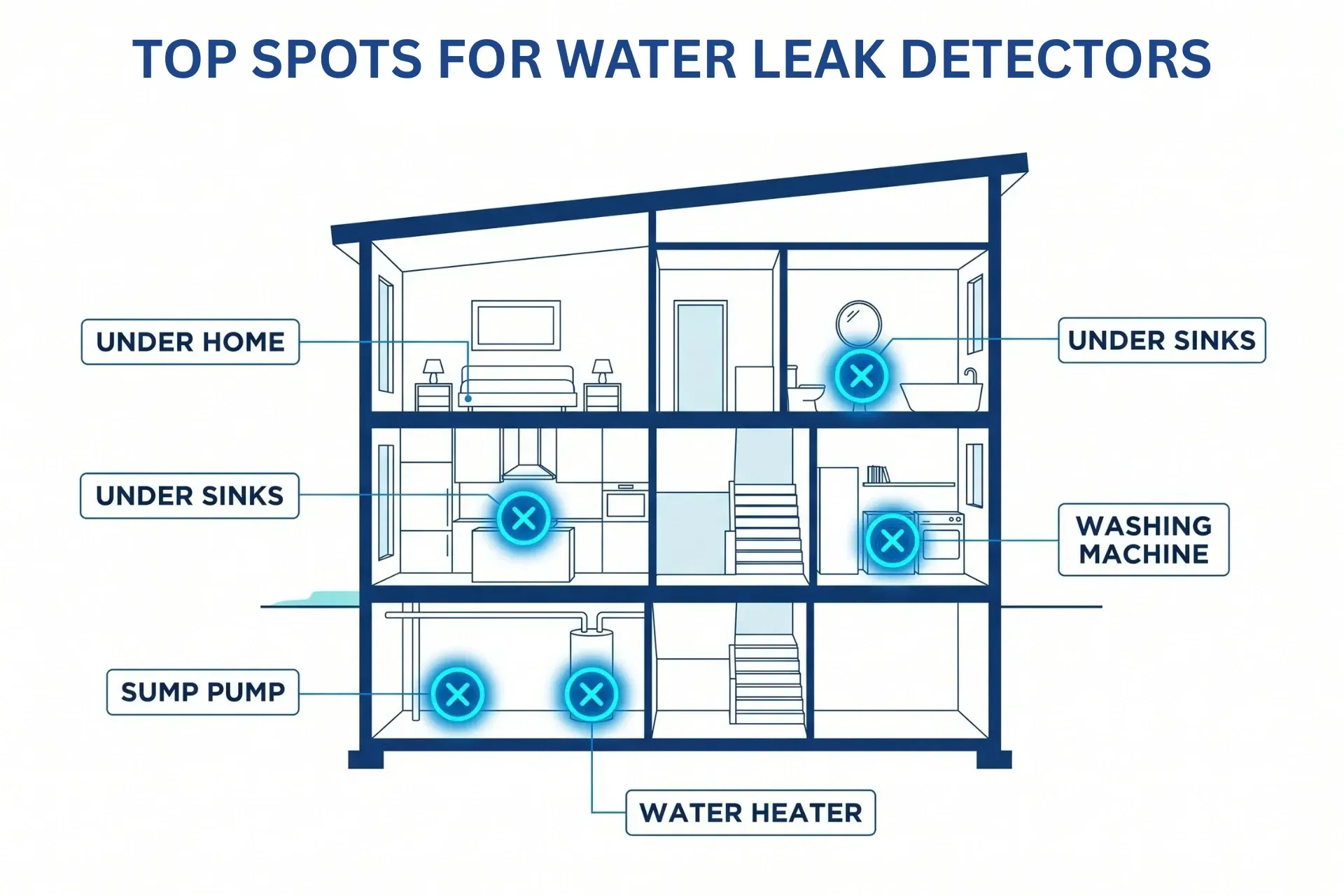 An illustrative house blueprint diagram showing recommended placement locations for water leak sensors.