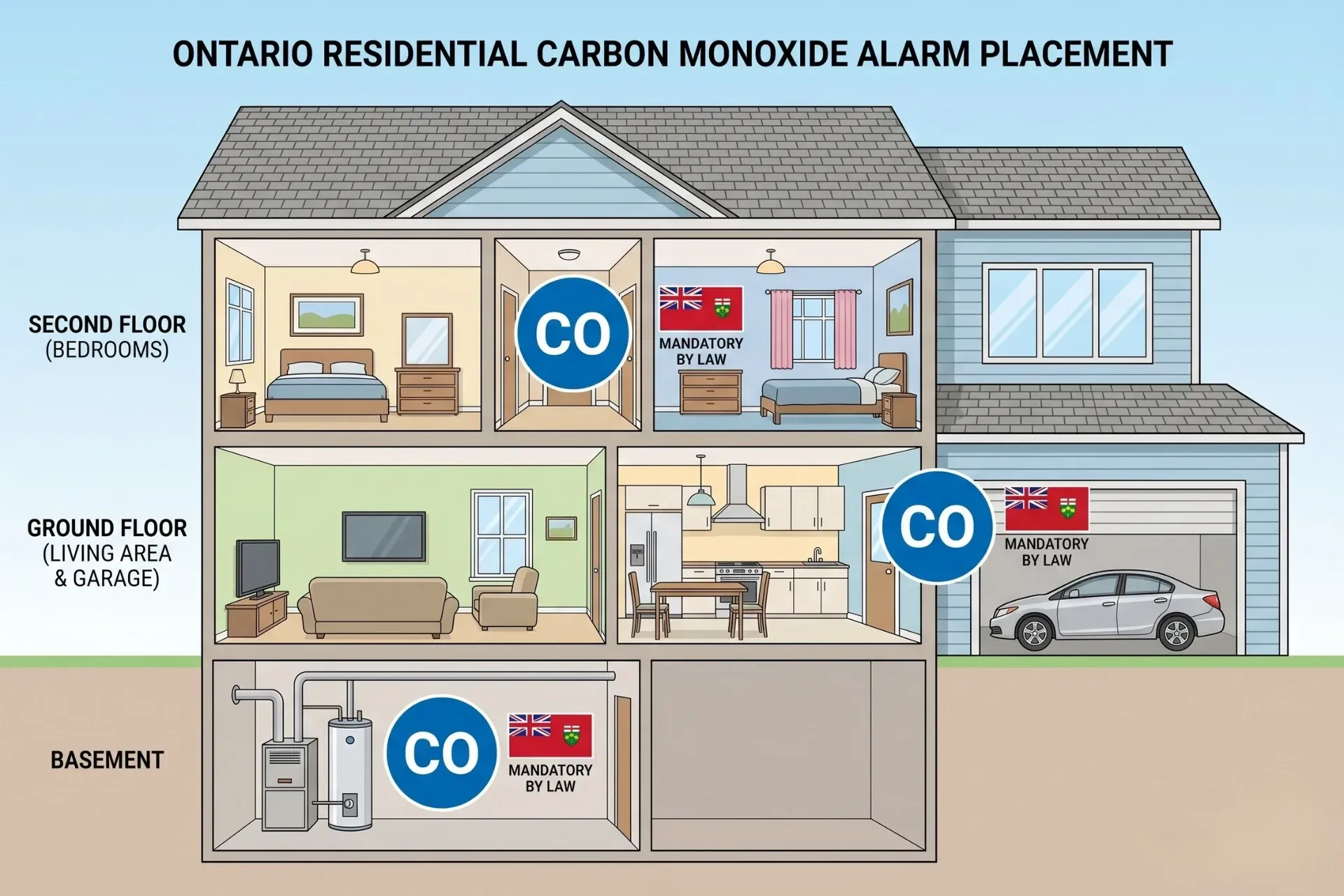 A cross-section infographic of a multi-story house showing mandatory carbon monoxide alarm locations required by Ontario law