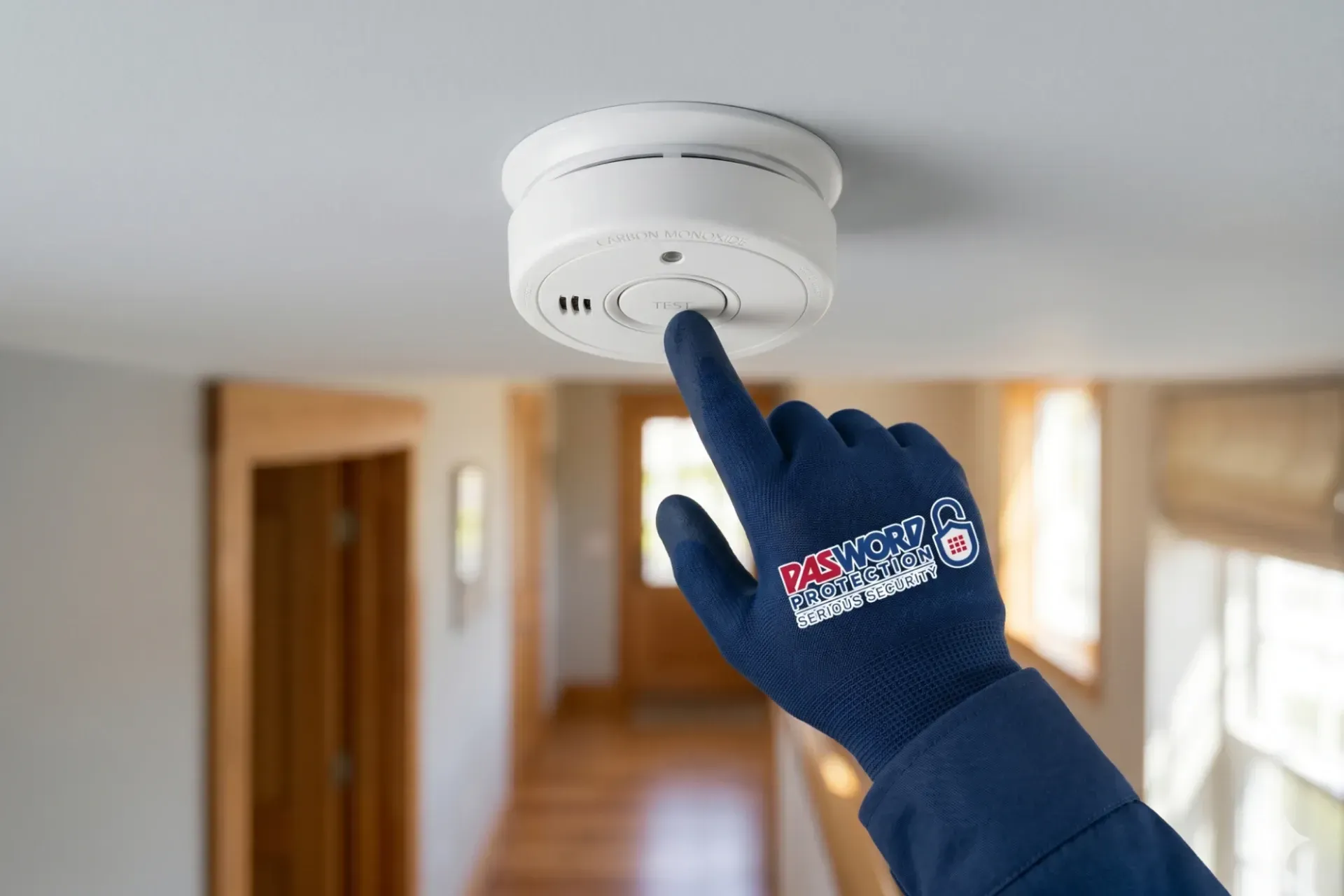 Photograph of a home security technician testing a carbon monoxide detector mounted on a residential