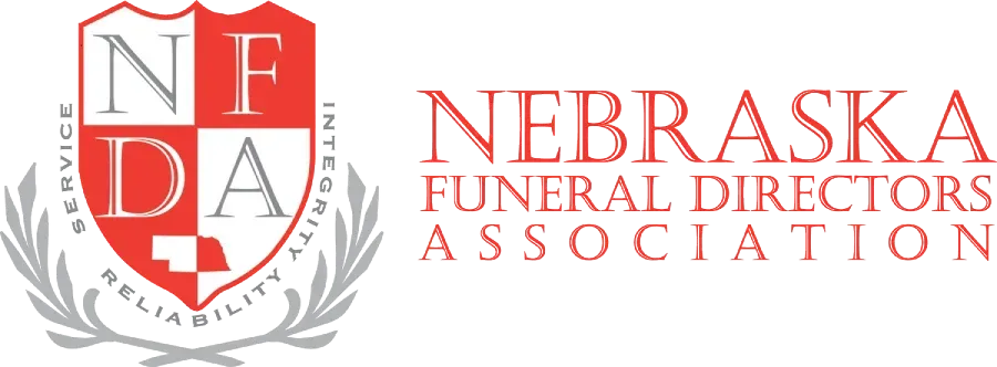 Nebraska Funeral Directors Association logo in red with white cross emblem on a light gray background