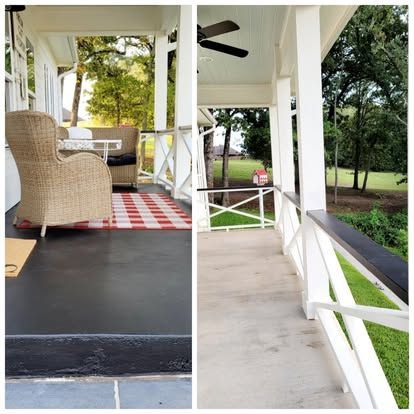 Side-by-side view of a covered porch before and after painting the floor dark, with wicker furniture and a red rug.