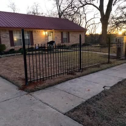 A brick house with a red metal roof sits behind a black metal fence, with a small black dog standing in the front yard.