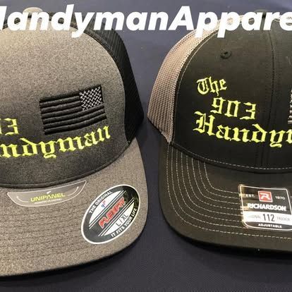 Two hats side-by-side with embroidered text 