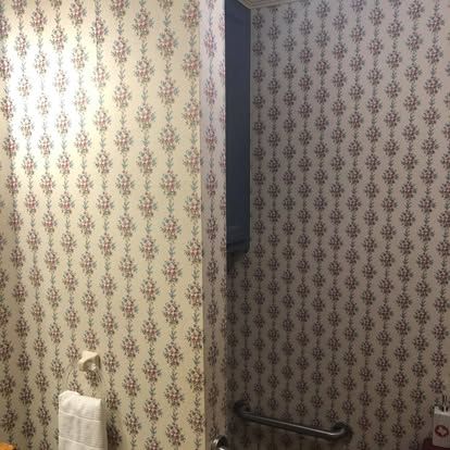Floral-patterned wallpaper in a bathroom featuring a corner wall, a towel holder, and a metal grab bar.