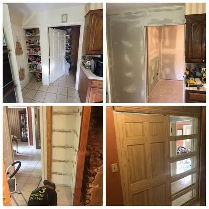 Four panels showing the home renovation process: removing a pantry, patching drywall, framing, and installing a new door.