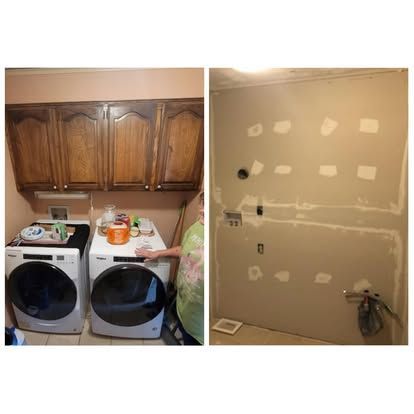 Before and after comparison of a laundry room: dark cabinets over appliances on the left, and a patched wall on the right.