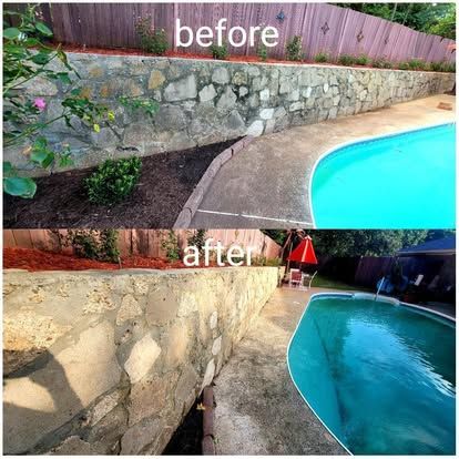 Before and after comparison of a stone retaining wall beside a backyard swimming pool, showing a fresh layer of mulch.