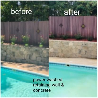 Before and after photos show a retaining wall and pool deck cleaned by power washing, revealing brighter stone colors.