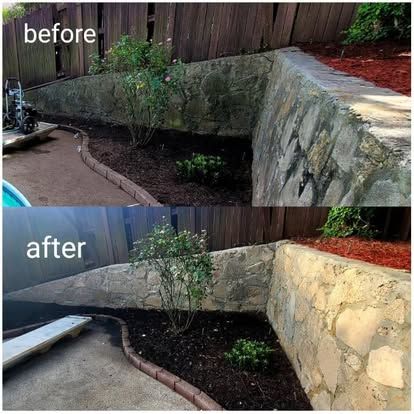 Before-and-after comparison showing a stone retaining wall cleaned of dark grime and algae to reveal lighter natural stone.