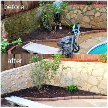 Before-and-after photos of a stone retaining wall being power-washed, revealing lighter, cleaner stone underneath.