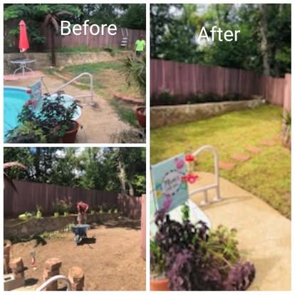 Three-panel comparison showing a backyard landscape transformation, from dirt and pool area to a landscaped, grassy lawn.