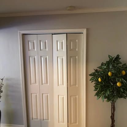 White, four-panel bifold closet doors installed in a gray room with a decorative lemon tree to the right.