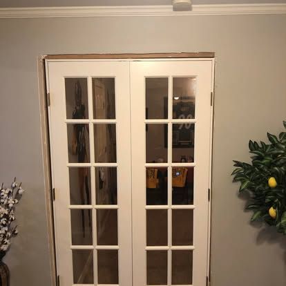 A set of white French double doors with glass panes installed in a grey wall, framed by decorative foliage.
