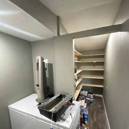 A chest freezer holding a paint tray and tower fan stands outside a small pantry with open shelves.