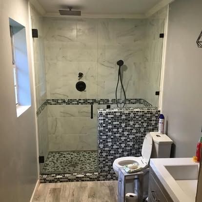 Bathroom with a walk-in shower, black and white mosaic tile half-wall, toilet, and vanity sink on wood-look tile floors.