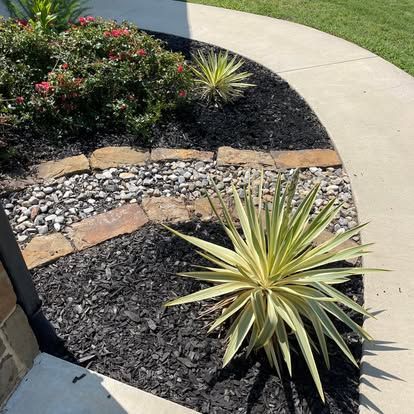 A garden bed with dark mulch, river rocks, a green rose bush, and two variegated agave plants next to a concrete path.