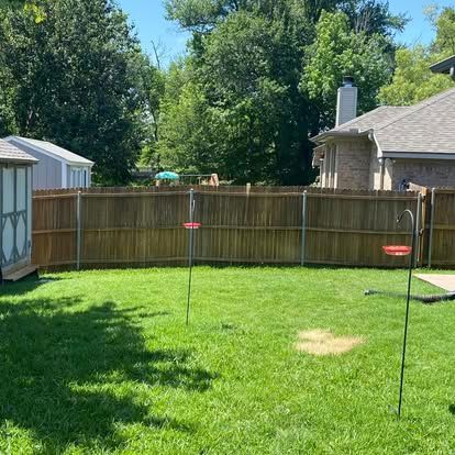 A grassy backyard scene with two bird feeders standing in the lawn, a tall wooden fence, and parts of a house visible.