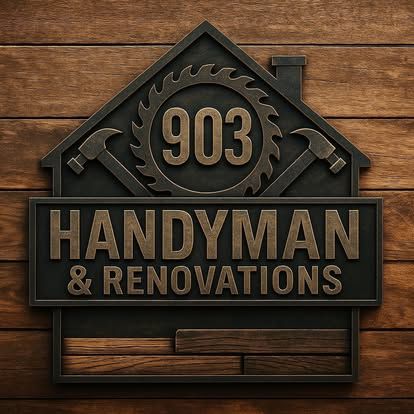 A bronze metal logo featuring a house outline, a saw blade, and hammers with text: 