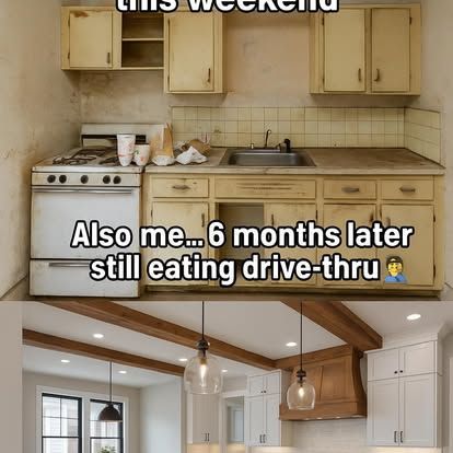 A meme showing a dilapidated kitchen followed by a renovated, modern kitchen, captioned about still eating drive-thru.