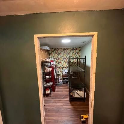 A doorway framed in unfinished wood, opening into a small storage room with dark green walls, floral wallpaper, and shelves.