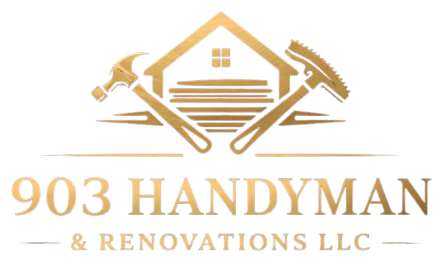 Gold logo for 903 Handyman & Renovations LLC featuring a house outline, a hammer, and a rake on a white background.