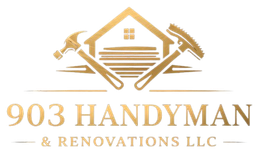Gold logo for 903 Handyman & Renovations LLC featuring a house outline, a hammer, and a rake on a white background.