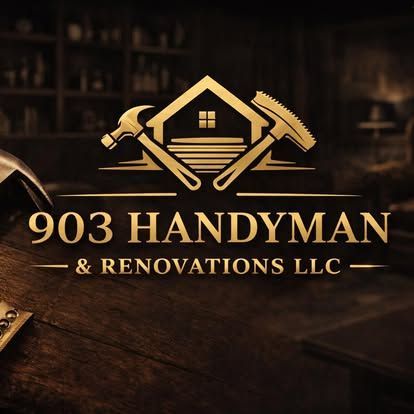 Gold logo for 903 Handyman & Renovations LLC featuring a house icon with crossed hammer and rake tools on a dark background.